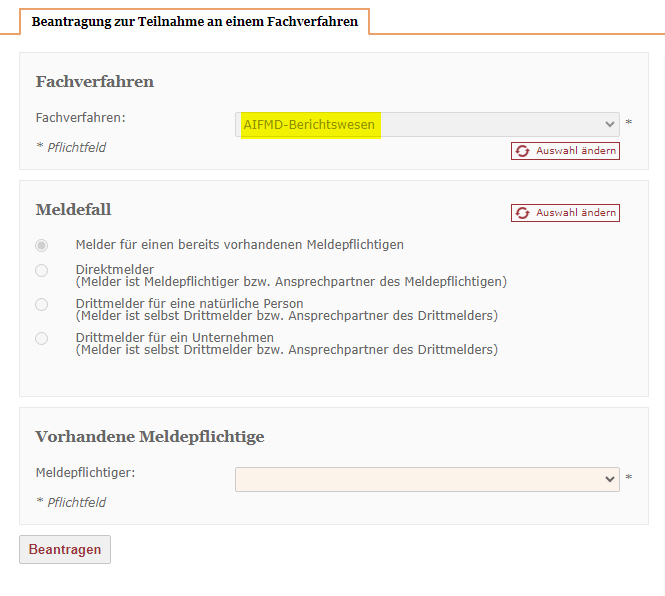 Schematische Darstellung "Beantragung zur Teilnahme an einem Fachverfahren"