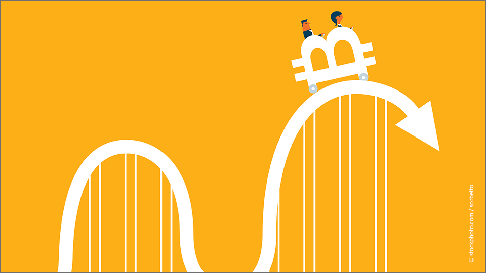 Eine "Achterbahnfahrt" als symbolische Darstellung eines Kursverlaufes von  Kryptowährungen.